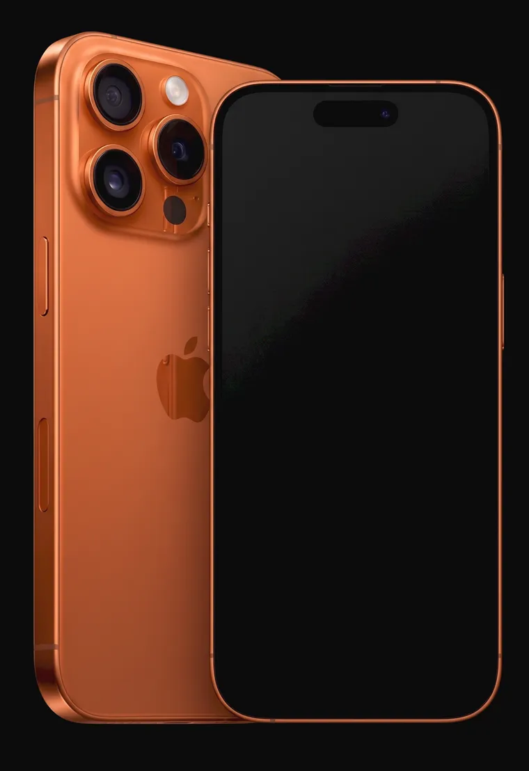 Dois iPhone 17 Pro laranja: um de costas e outro de frente, com uma conversa do direct na tela